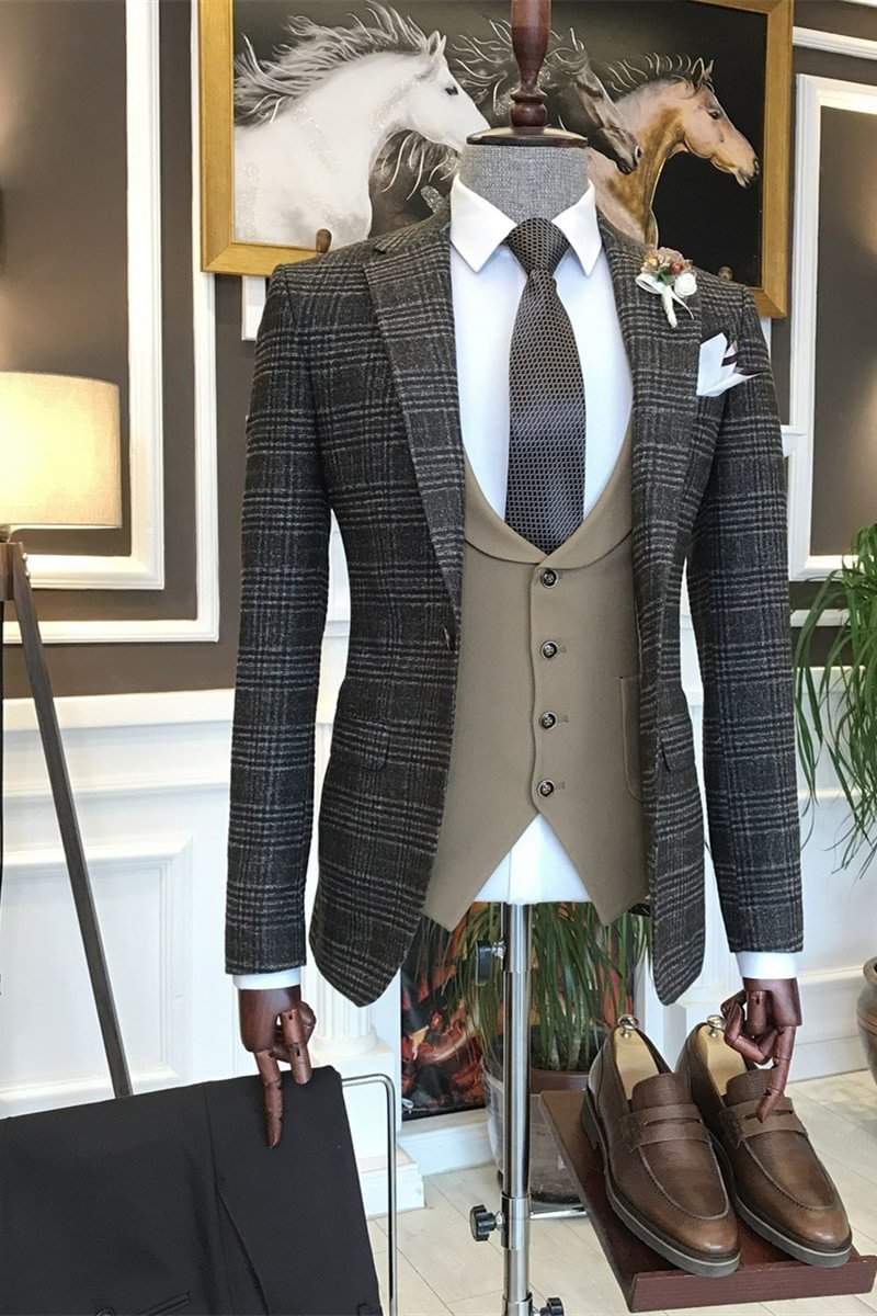 Peaked Lapel Classic Dark Grey Plaid Three Pieces Peaked Lapel Business Men Suits | Ballbellas Ballbellas