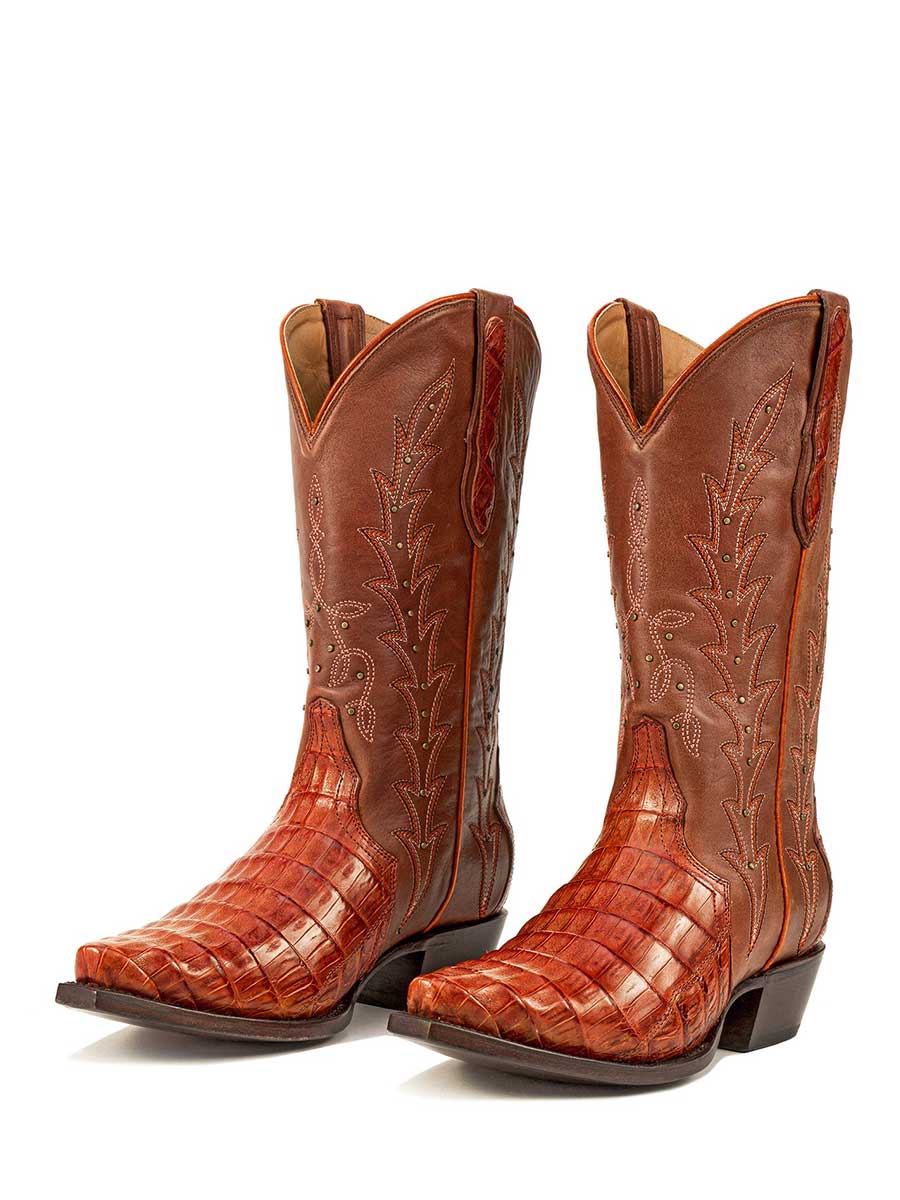 Tan Croco Embossed Snip Toe Chunky Heel Studded Mid-Calf Cowgirl Boots