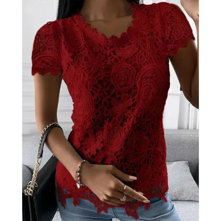 Uveng Uveng Explosion Women's 2024 Summer New T-Shirt Back Jacket Lace Shirt