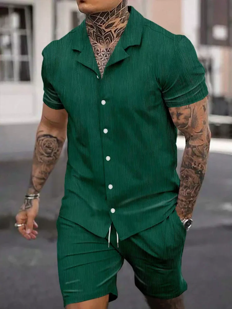 [S-3XL]Men's Classic Casual Striped Digital Print Cuban Collar Shirt Shorts Two-Piece Set