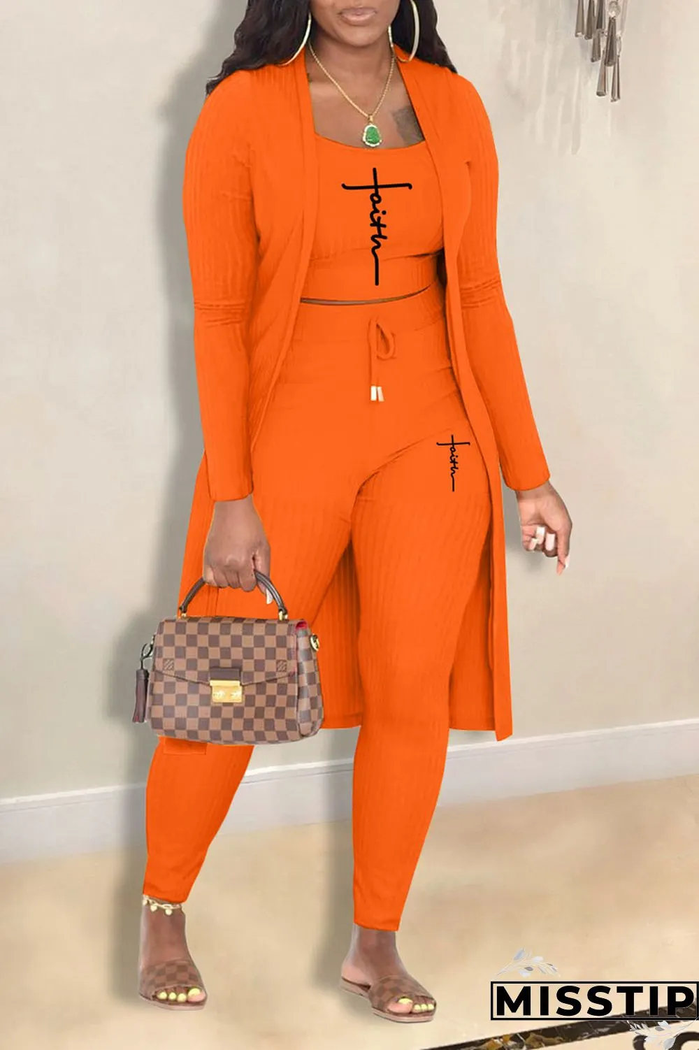 Orange Casual Print Patchwork U Neck Long Sleeve Two Pieces