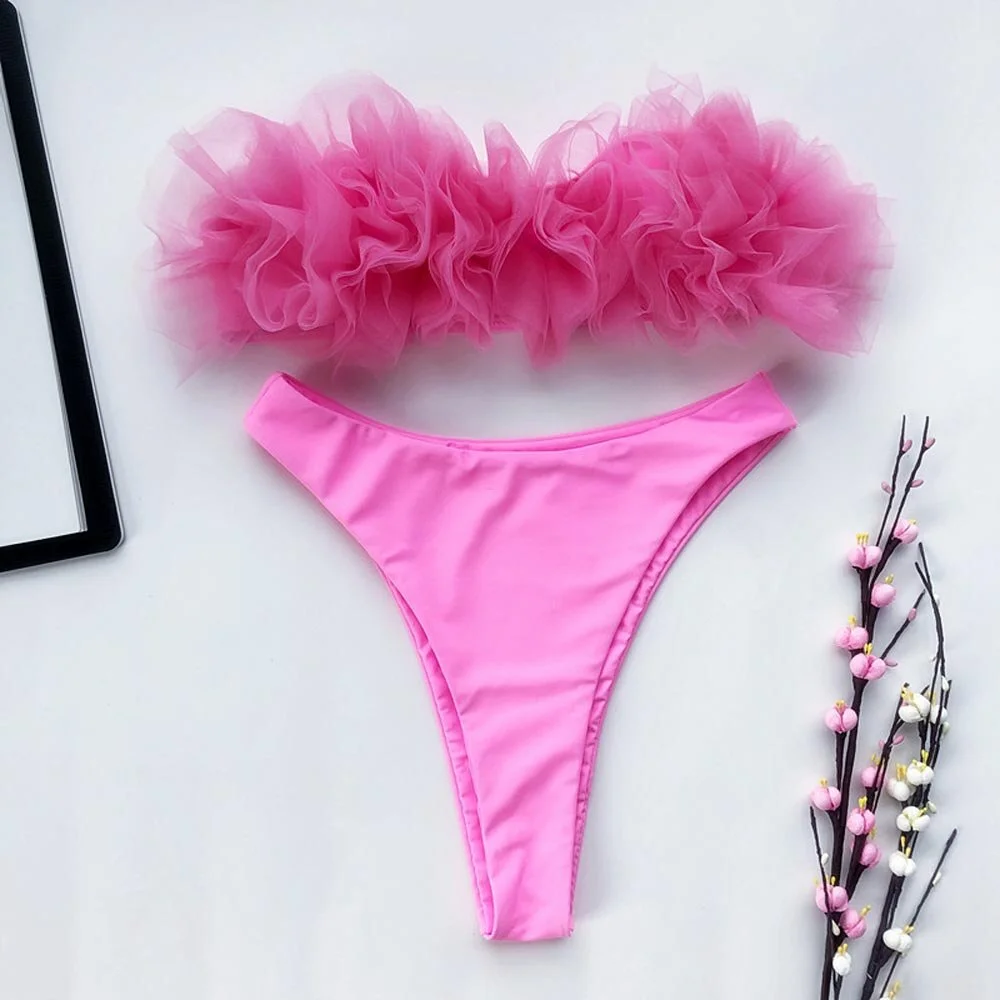Pink Lace Ruffle Bikinis Off Shoulder Swimsuits High Waist Swimwear Bandeau Biquini Bathing Suit Women High Cut Beachwear New
