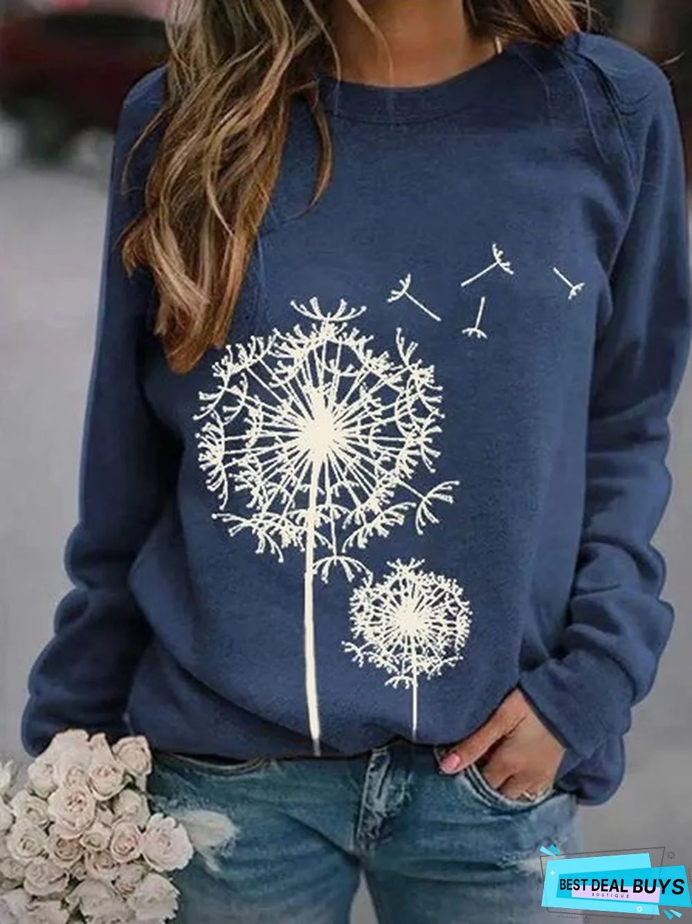 Crew Neck Boho Printed Cotton-Blend Hoodies & Sweatshirt