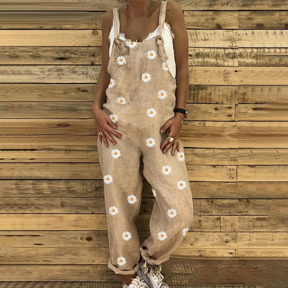 Summer Women Jumpsuits Fashion Jumpsuit Chrysanthemum Print Shoulder Strap Women Loose Sleeveless Backless Romper Overalls 3XL