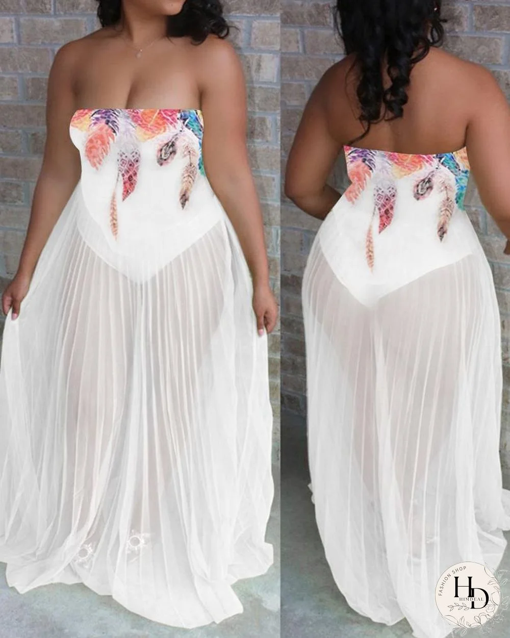 Graphic Print Sheer Mesh Bandeau Maxi Dress