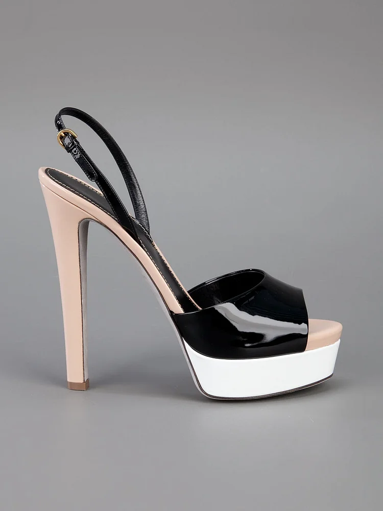 Black Patent Leather Chunky Heel Slingback Peep Toe Sandals Vdcoo