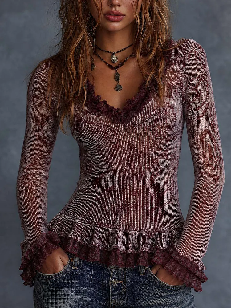 Burgundy Floral Crinkle Ruffle Top