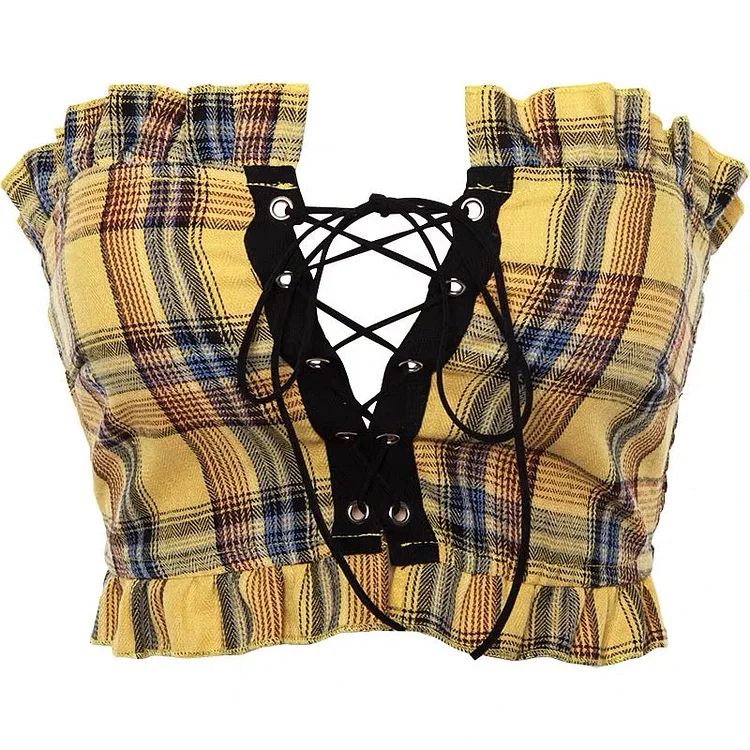 Sexy Plaid Lace up Tube Top