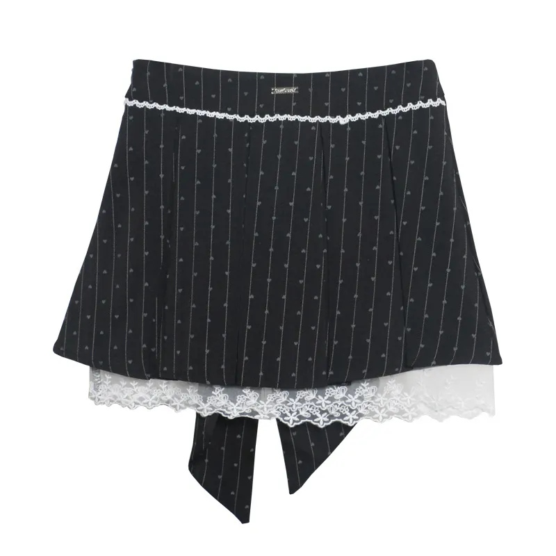 Churchf Real Shooting Leg Long Skirt Love Print Splicing Lace A Word 100 Folds Thin Bow Half-Dress Skirt 9339