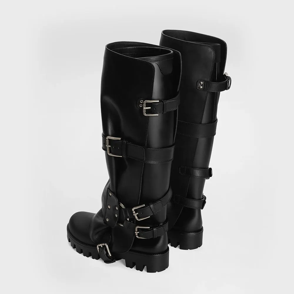 Fashion Black Vegan Leather Round Toe Flat Knee High Buckle Boots