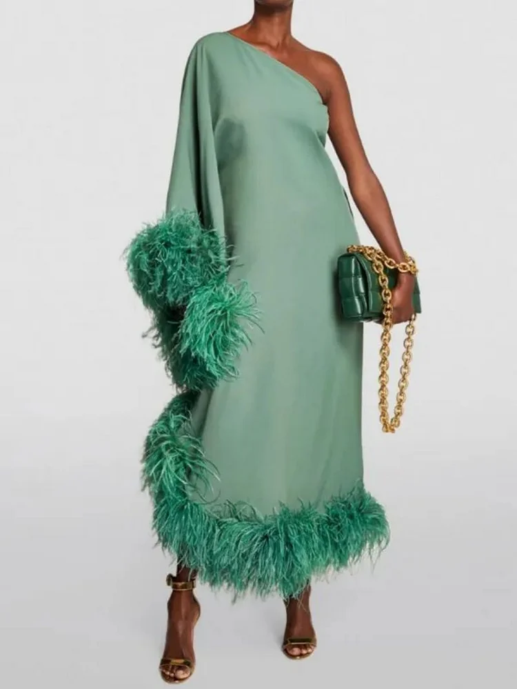 Spring Summer Women Clothing Feather One Shoulder Large Swing Evening Dress &ndash; Elegant and Stylish Option for Special Occasions