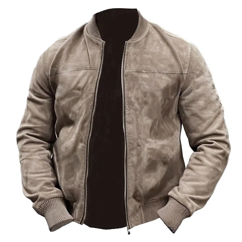 Men's Vintage Outdoor Suede Solid Color Zipper Long Sleeve Jacket