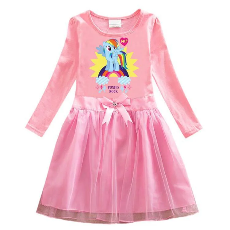 My Little Pony Ponies Rock Printed Girls Long Sleeve Bow Tulle Dress-Mayoulove