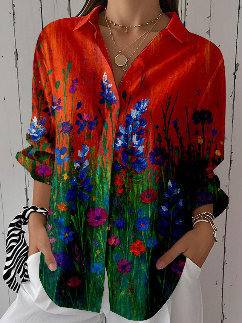 Women Long Sleeve V-neck Graphic Floral Printed Top