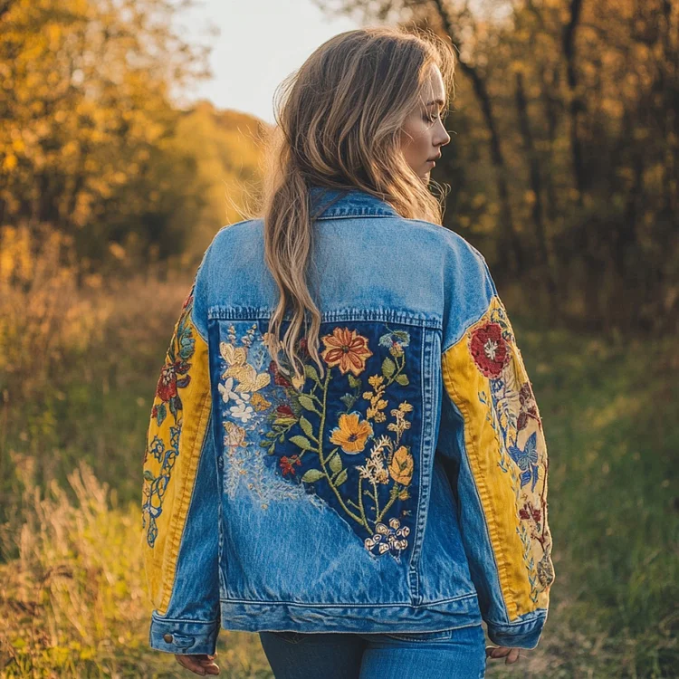 VChics Vintage Ukrainian Flower Embroidered Washed Denim Jacket