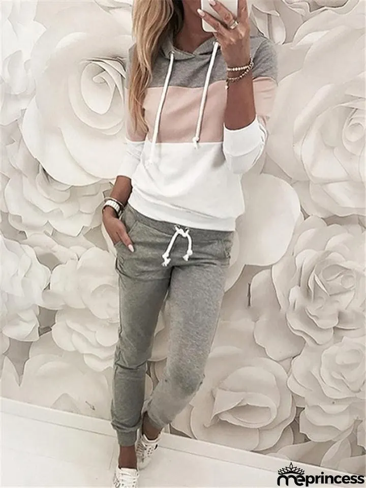 Contrasting Tracksuit Sets Drawstring Hooded Sweatshirt + Pocket Sweatpants