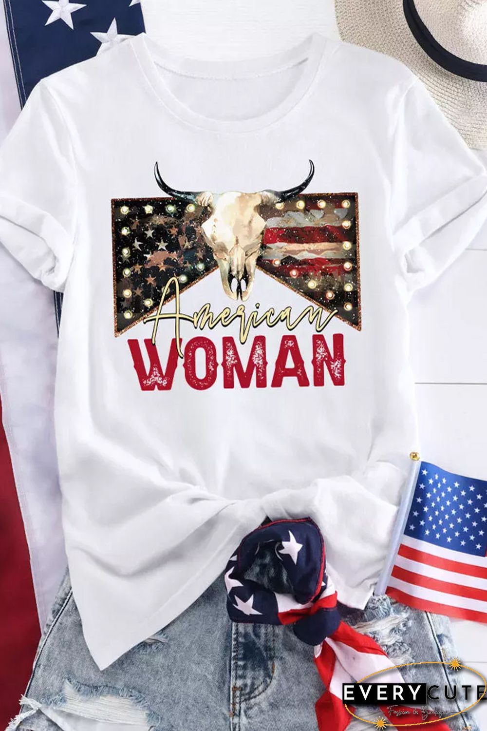 White American Woman Cow Skull Print Graphic T Shirt