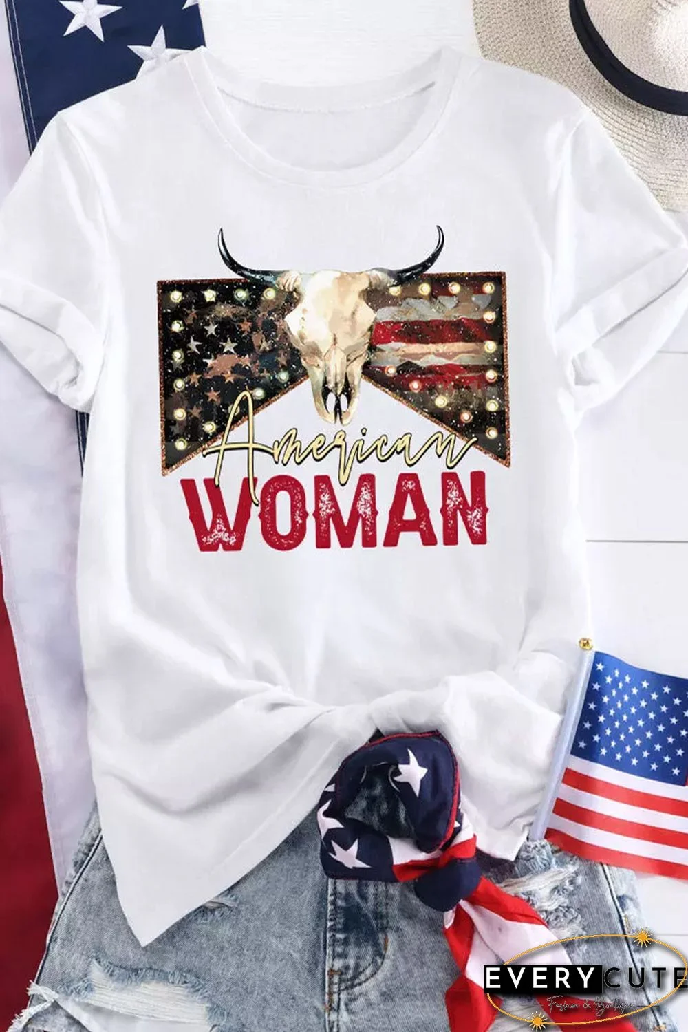 White American Woman Cow Skull Print Graphic T Shirt