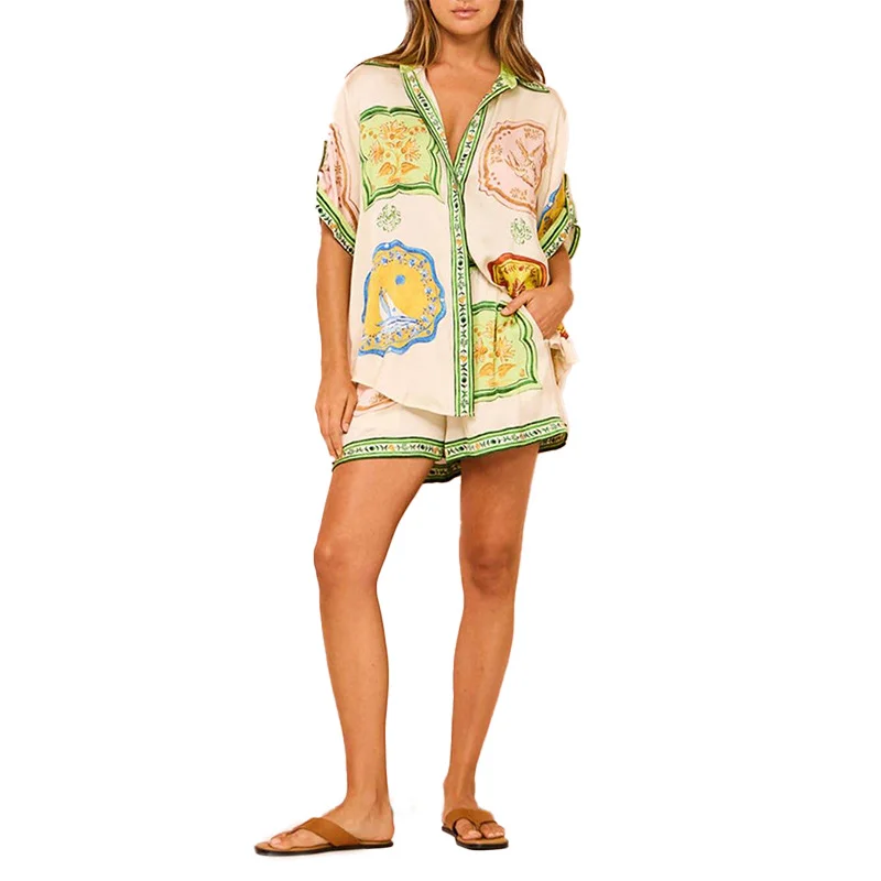 Uveng Uveng Women's New Temperament Casual Print Shirt Short Sleeve Tight Waist Button Shorts Suit