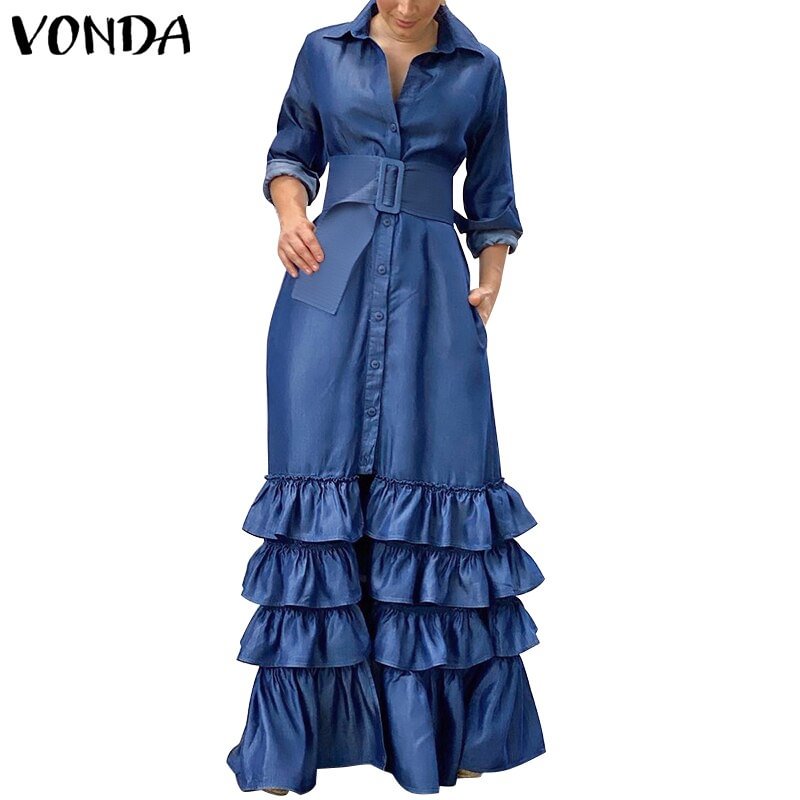 Women Party Maxi Dress 2022 VONDA Spring Holiday Dress Casual Vintage Long Sleeve Lapel Button Down Ruffled Vestidos Robe Femme