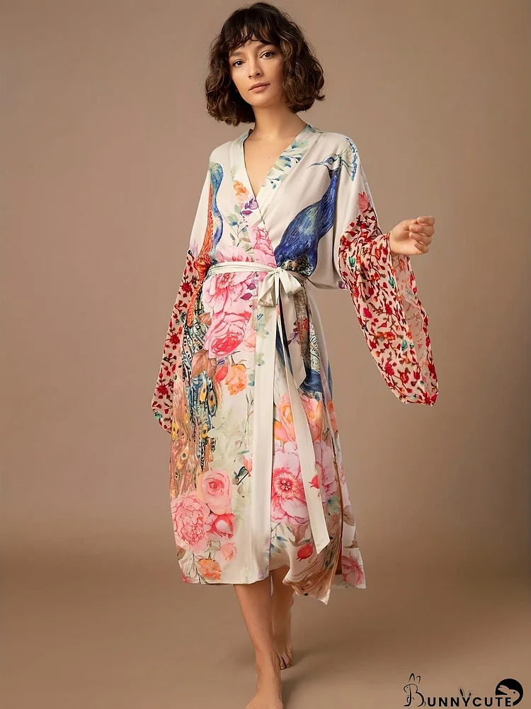 Longline Peacock and Floral Print Dressing Gown