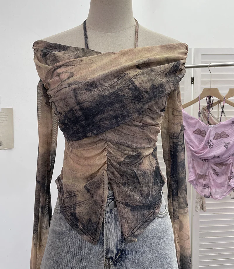 Uveng Real Shot Shoulder Strap Hanging Neck Pure Lust Wind Long-Sleeved T-Shirt Repair Cross-Folded Open Fork Short Top 9932