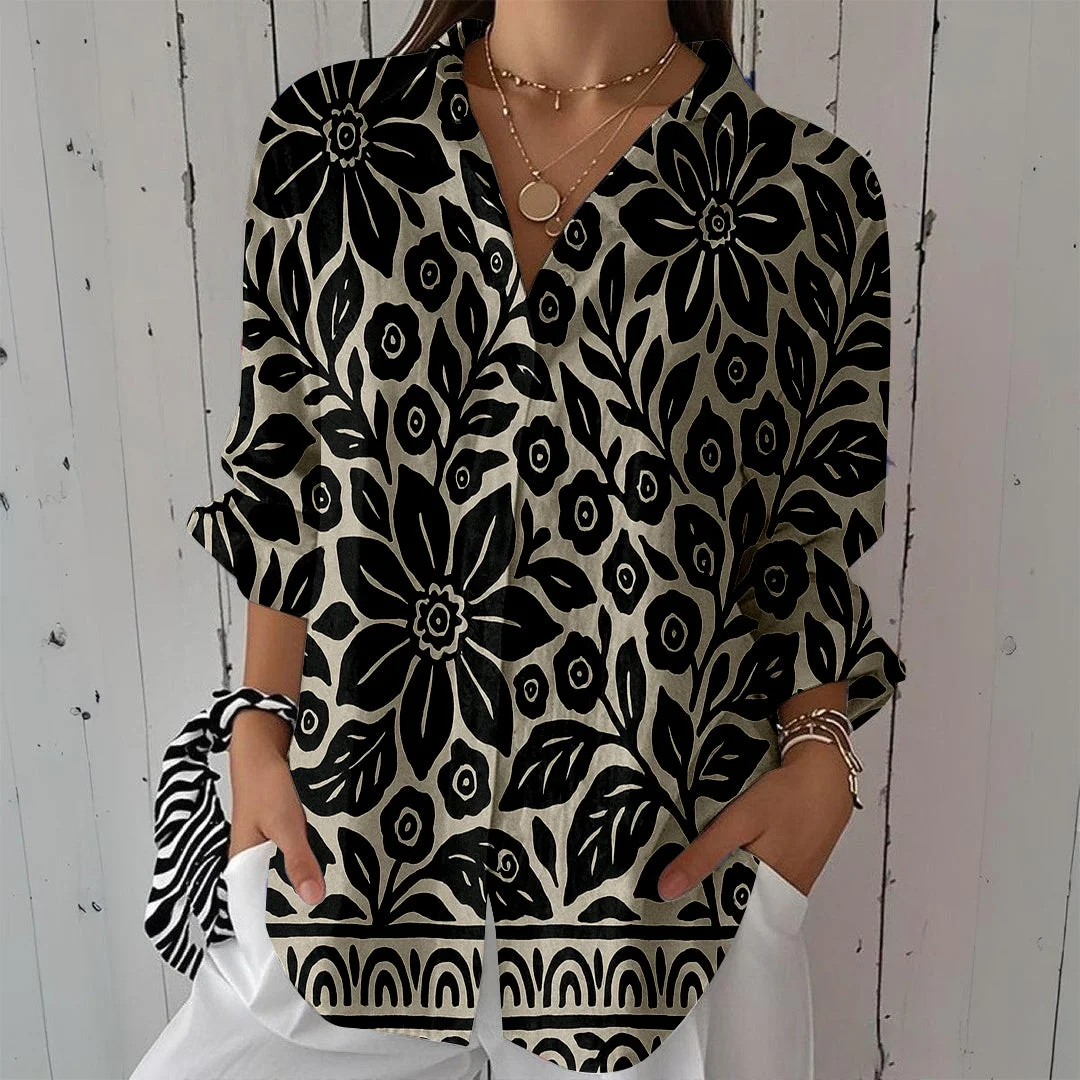 Style & Comfort for Mature Women Women Flowers, Black DZCL0363 3/4 Sleeve Shirt Collar Printed Button Tops