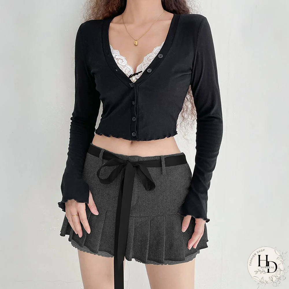 Y2k Fairycore T Shirt Women Grunge Aesthetic Lace Patchwork Long Sleeve Crop Top Korean Fashion Tee Streetwear