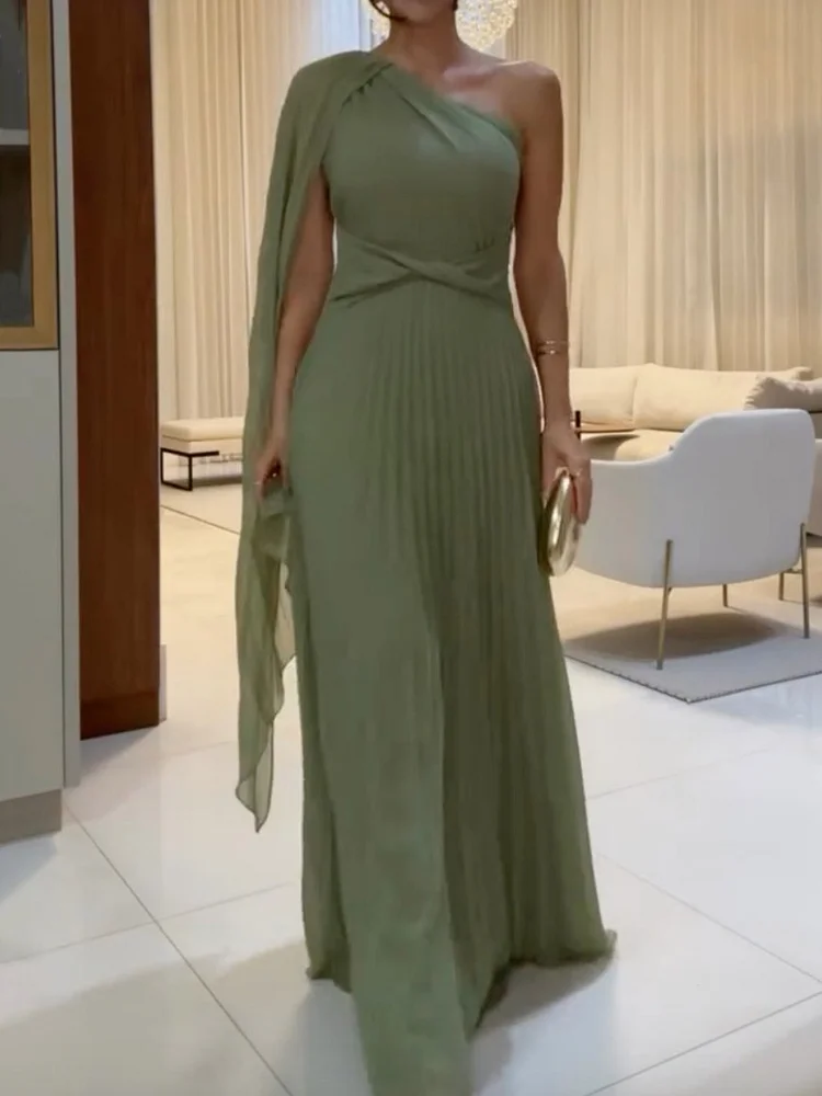 Green Color Cloak Sleeves Asymmetric Pleated Chiffon Elegant Maxi Dresses