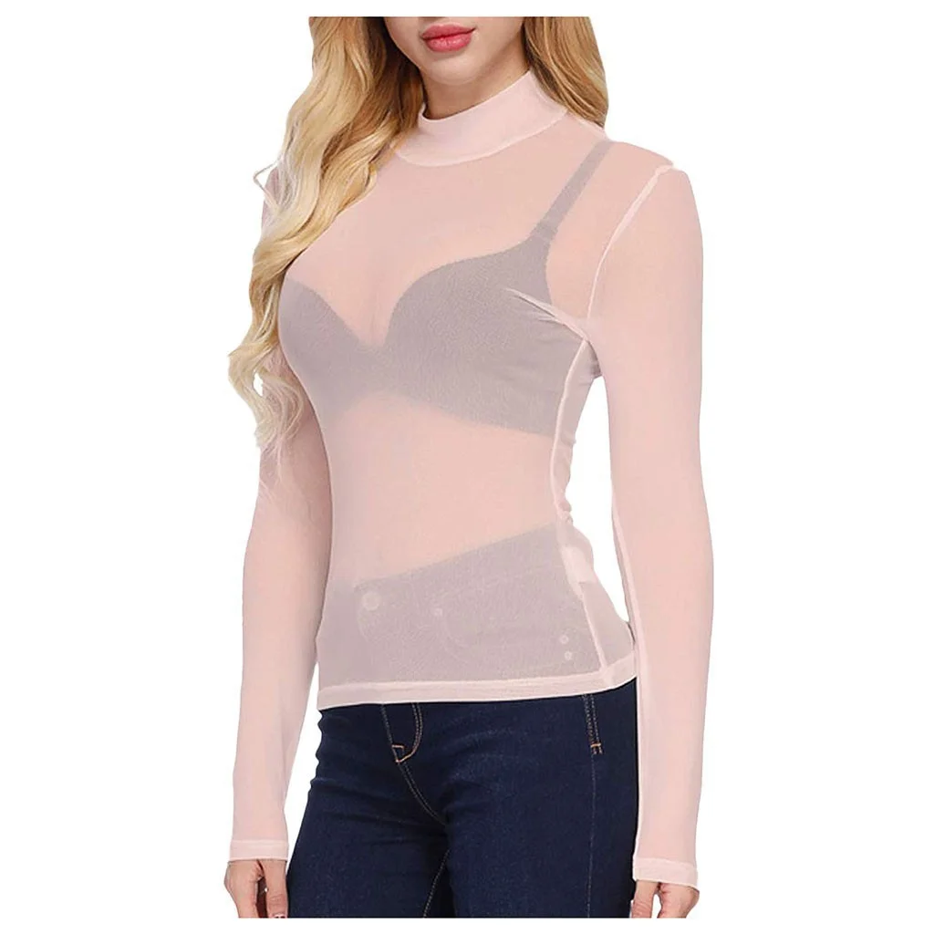 Brownm Brownm Elastic Tight Perspective Sexy Mesh Bottom Shirt Transparent Long Sleeve T-Shirt Women's Lace Shirt