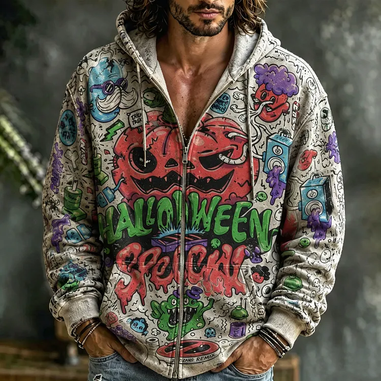 Men's Retro Washed Distressed Halloween Graffiti Pumpkin Monster Print Casual Sweatshirt