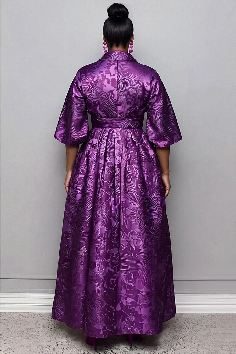 Xpluswear Design Plus Size Formal Purple All Over Print V Neck Half Sleeve Pocket Elegant Maxi Dresses [Pre-Order]
