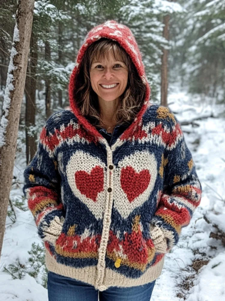 Utbros Women's Vintage Valentine's Day Heart Knitted Hood Sweater