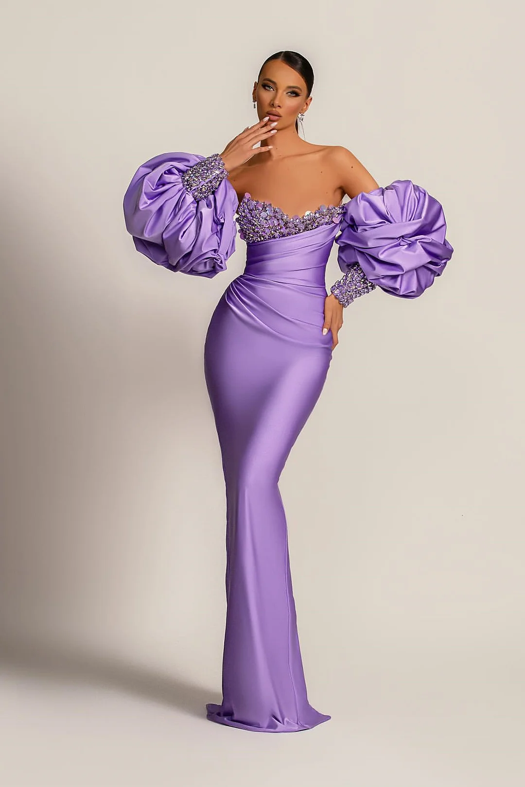 Purple Mermaid Prom Dress Bubble Sleeves Long Sleeves ED0606