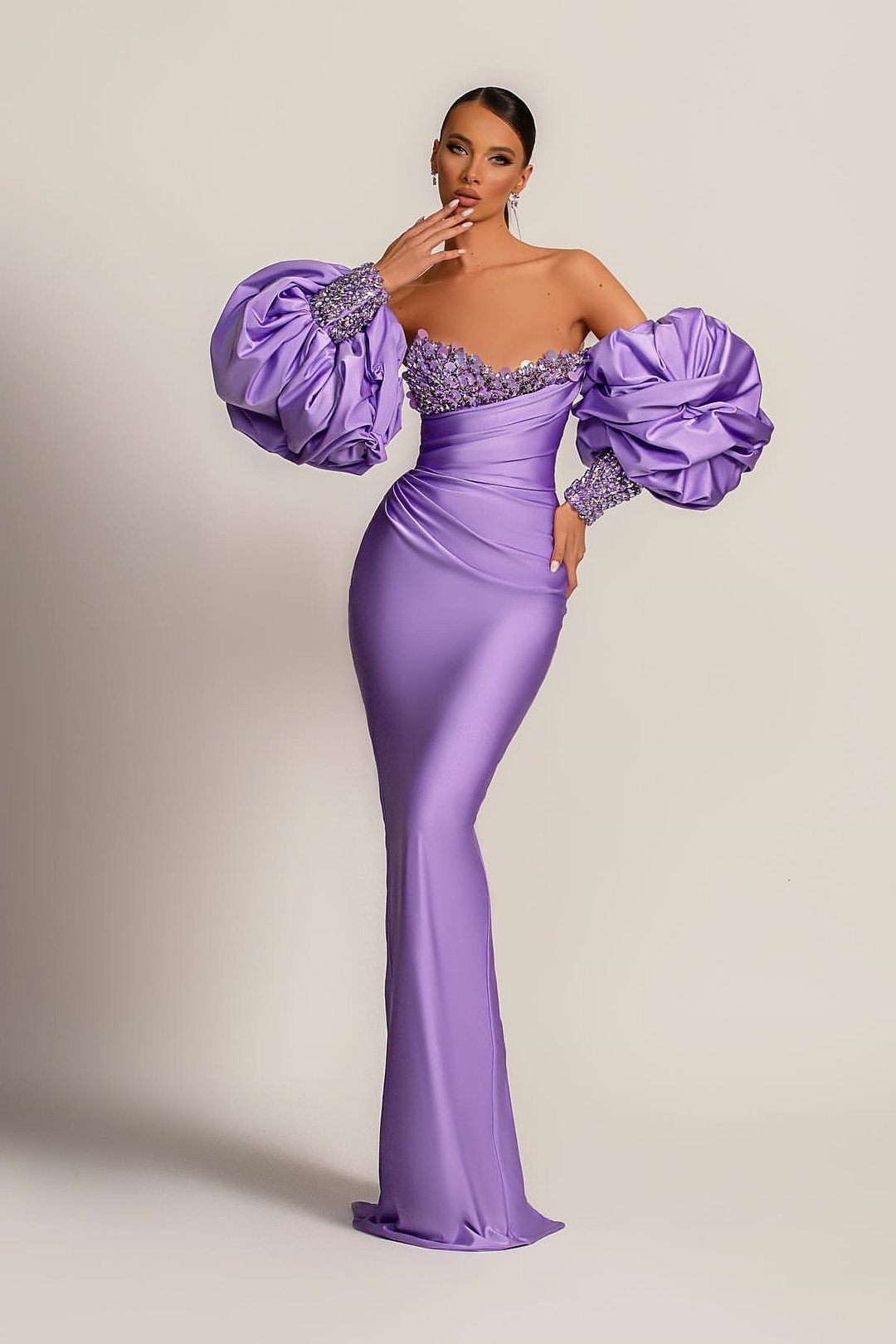 Purple Long Sleeves Beadings Unique Evening Dress Mermaid With Sequins | Ballbellas Ballbellas