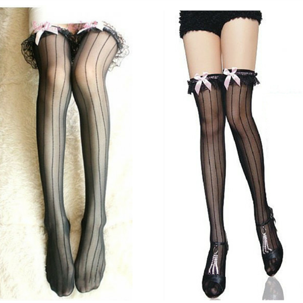 Black Strips Lace Thigh High Socks SP153945