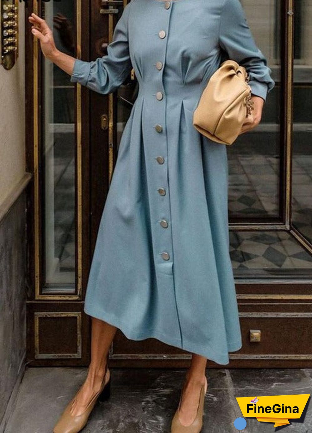 Vintage A-line buttons women dress autumn Elegant o-neck blue midi dresses Office lady female long sleeves solid vestido
