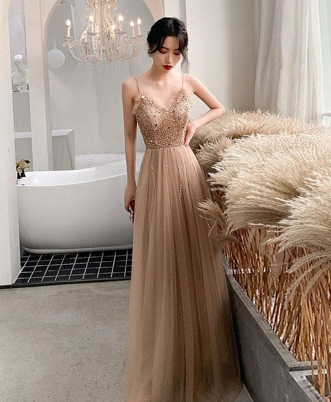 Champagne Sweetheart Tulle Beads Long Prom Dress Tulle Formal Dress
