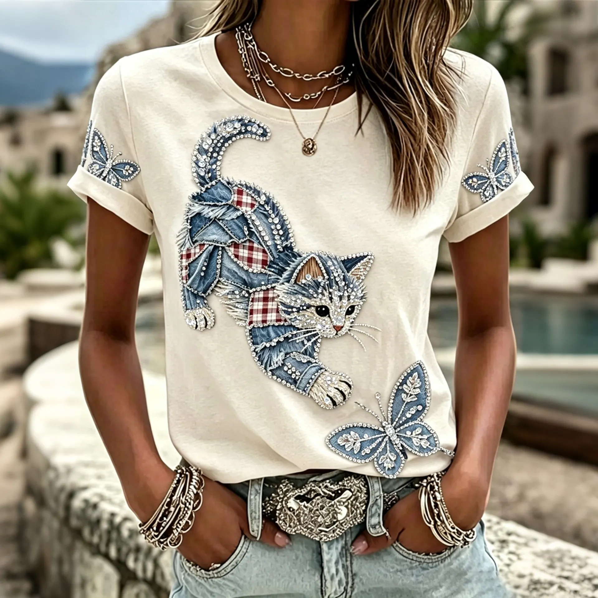Comstylish Women's With Faux-denim Cat Patchwork Print Casual Crew-neck T-shirt