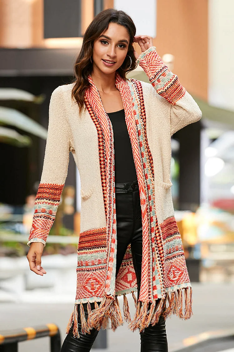 Women's Tribal Cardigan Boho Cardigan Open Front Tassel Hem Long Knitted Sweater Cardigan