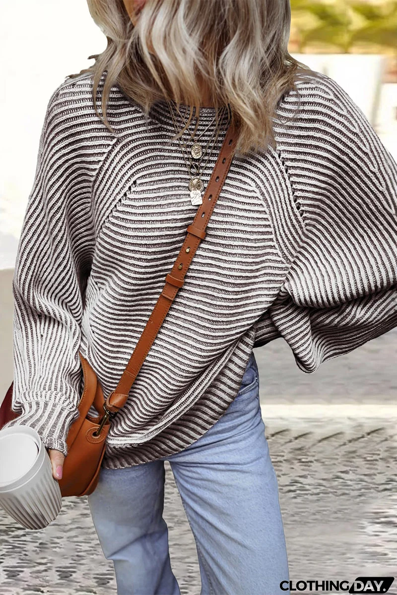 Casual Daily Stripe Texture Contrast O Neck Sweaters(6 Colors)