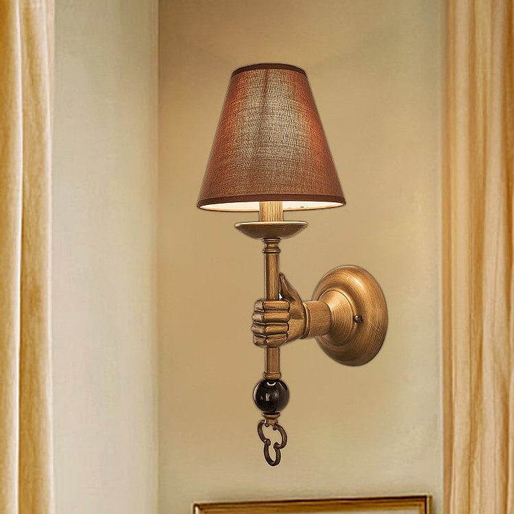 Cone Metal Wall Light Vintage 1 Bulb Bedroom Sconce Lighting Fixture in Brass with Fabric Shade
