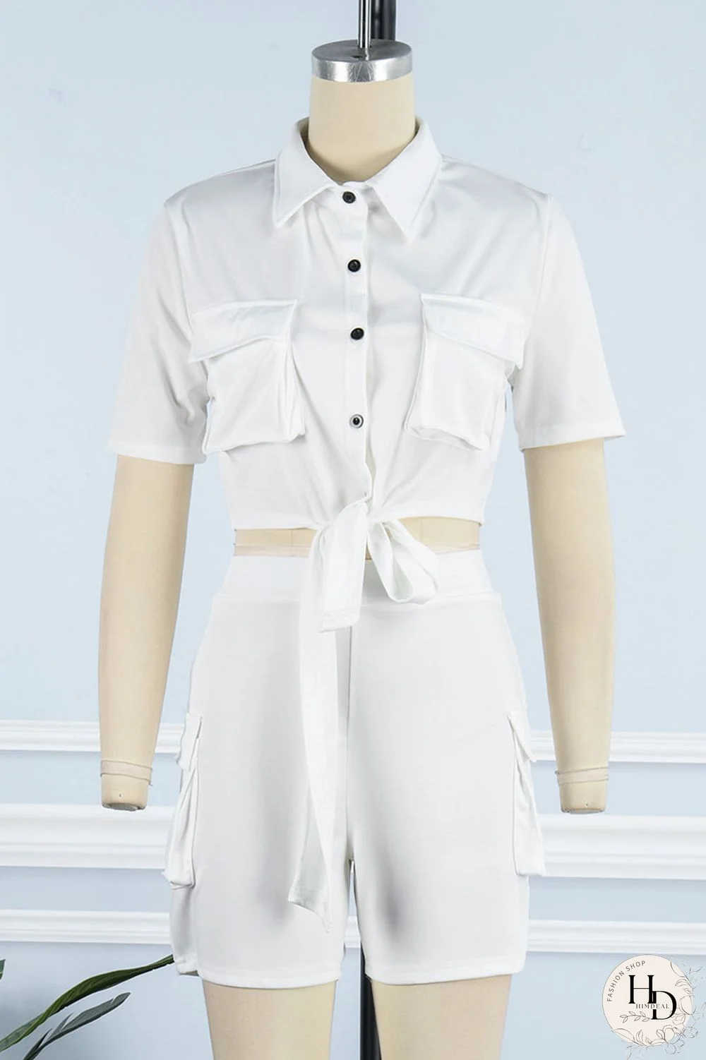 Khaki Casual Solid Bandage Patchwork Pocket Buckle Turndown Collar Short Sleeve Two Pieces