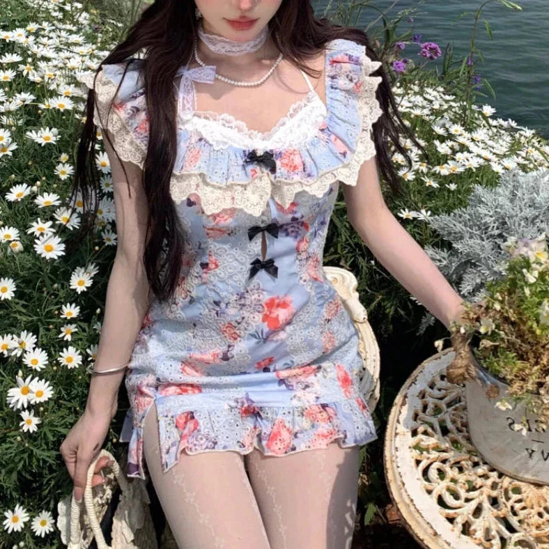 Aiertu - Seaside Summer Roses and Cloudy White Lace Mini Dress Mermaidcore Kawaii Academia Y2K Cottagecore Coquette Fairycore Dollette Princesscore Aiertu