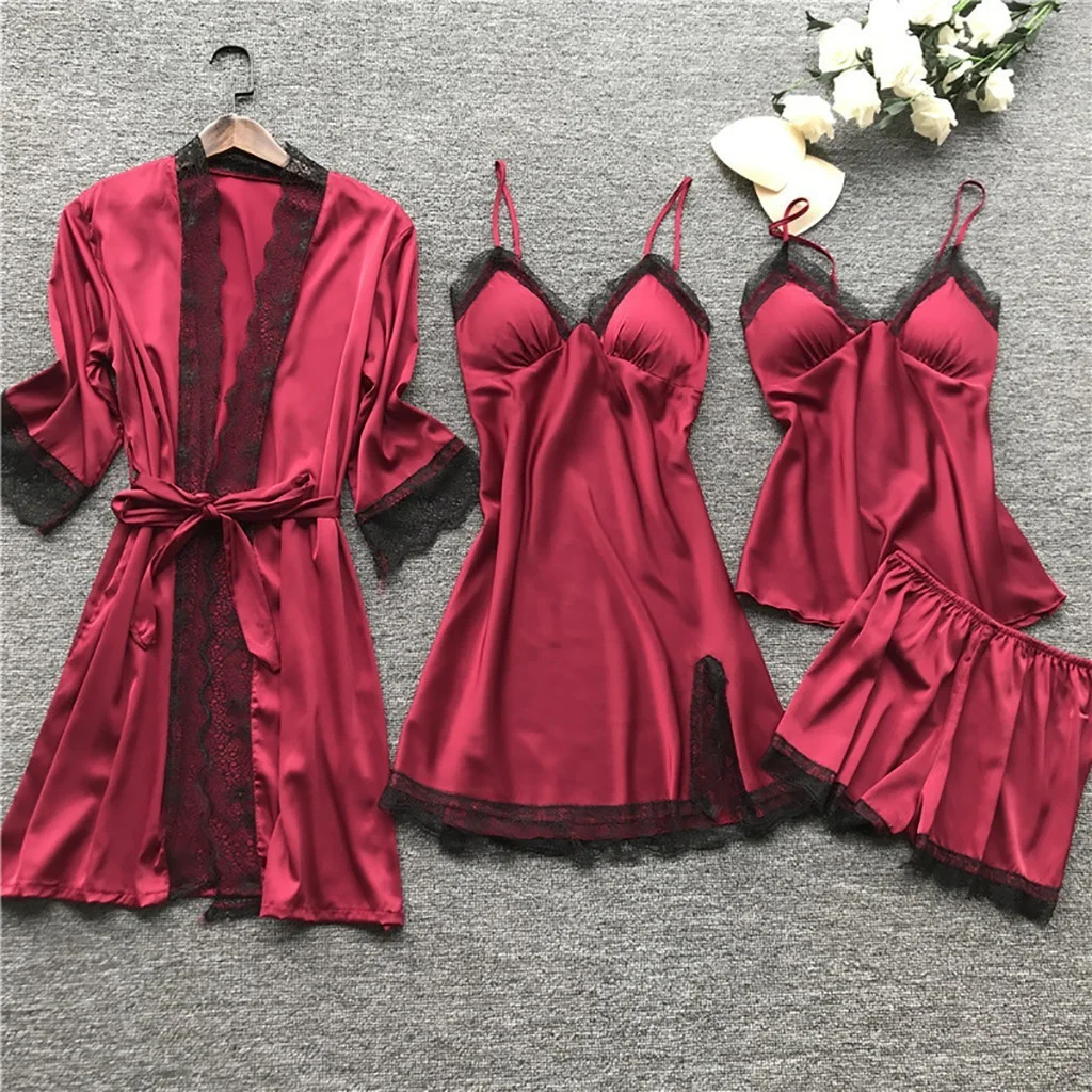 Brownm Brownm Woman Sexy Pajamas Four-Piece Korean Set Of Hanging Pajamas Women Homewear With Chest Pajamas Pajamas Pajamas 2103