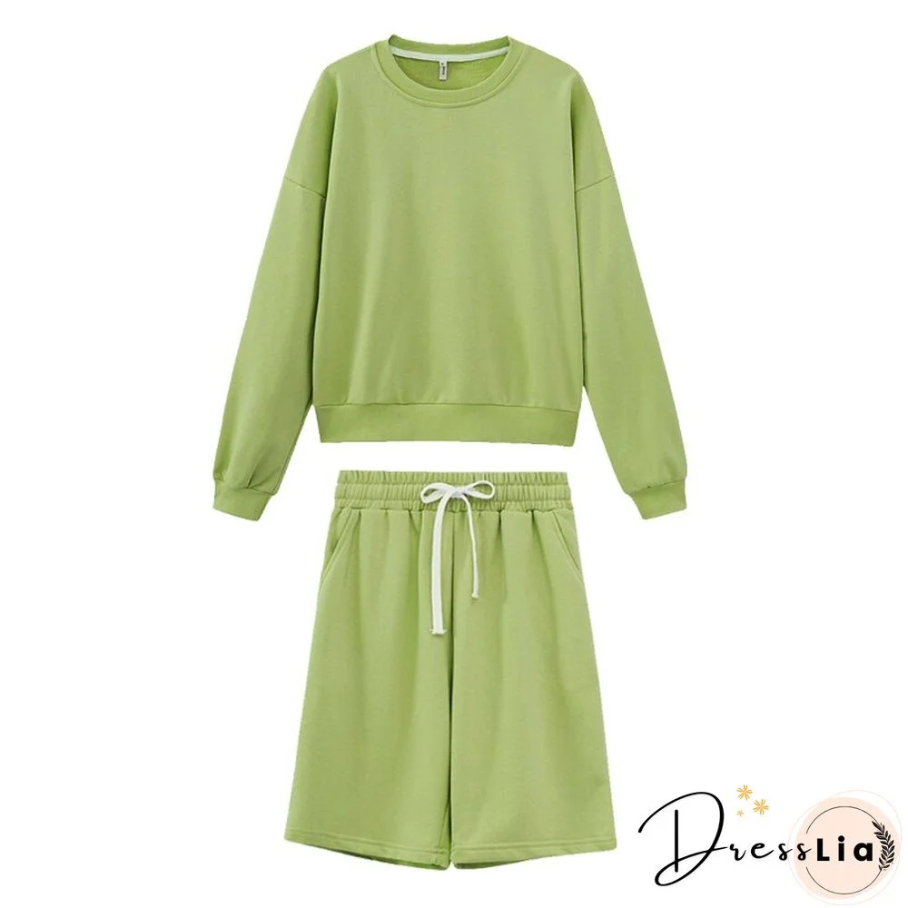 toppies Women Two Piece Set Tracksuits O-neck Sweatshirts Elastic High Waist bermuda shorts solid color