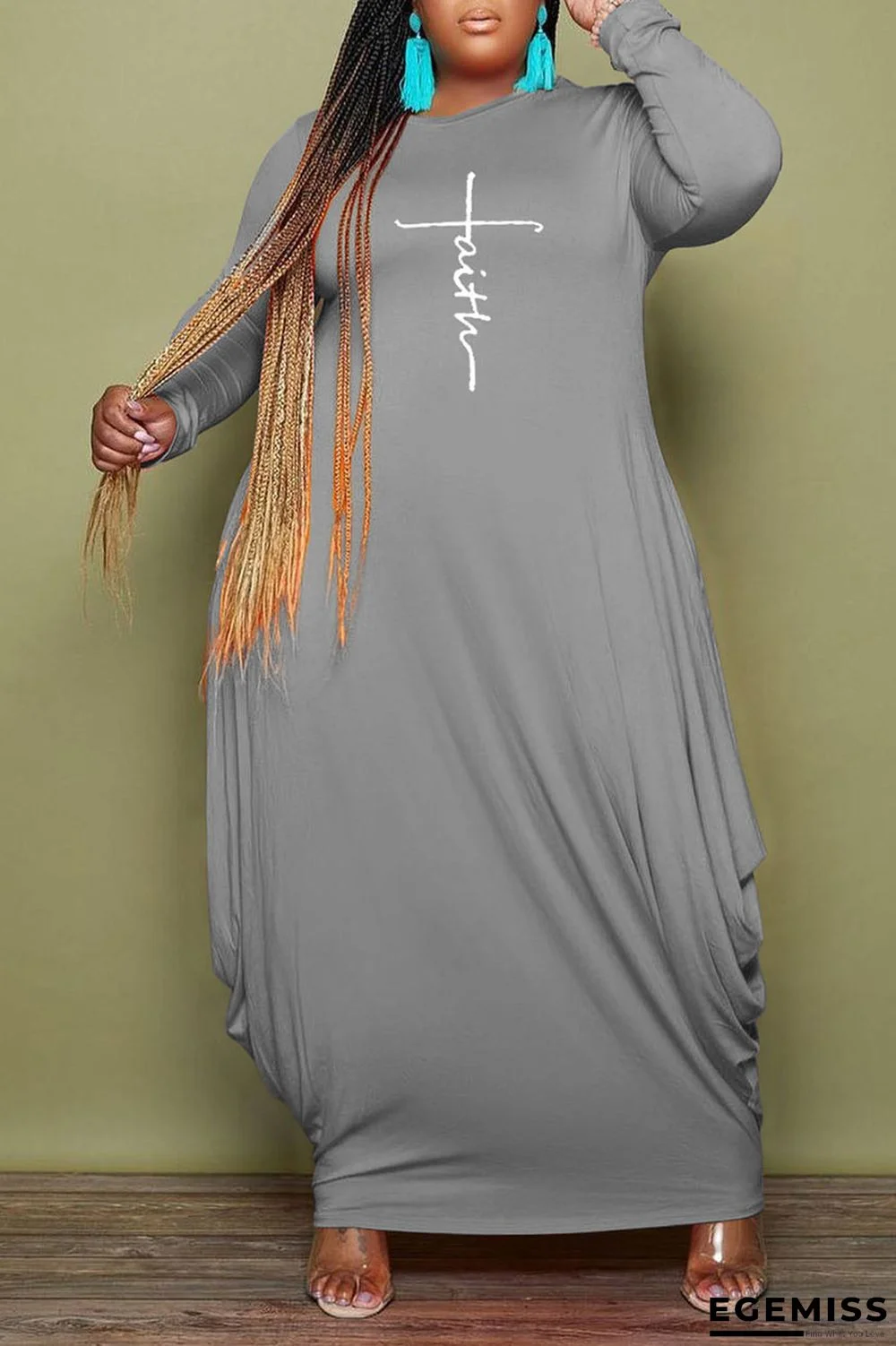 Grey Casual Print Patchwork O Neck Plus Size Dresses | EGEMISS