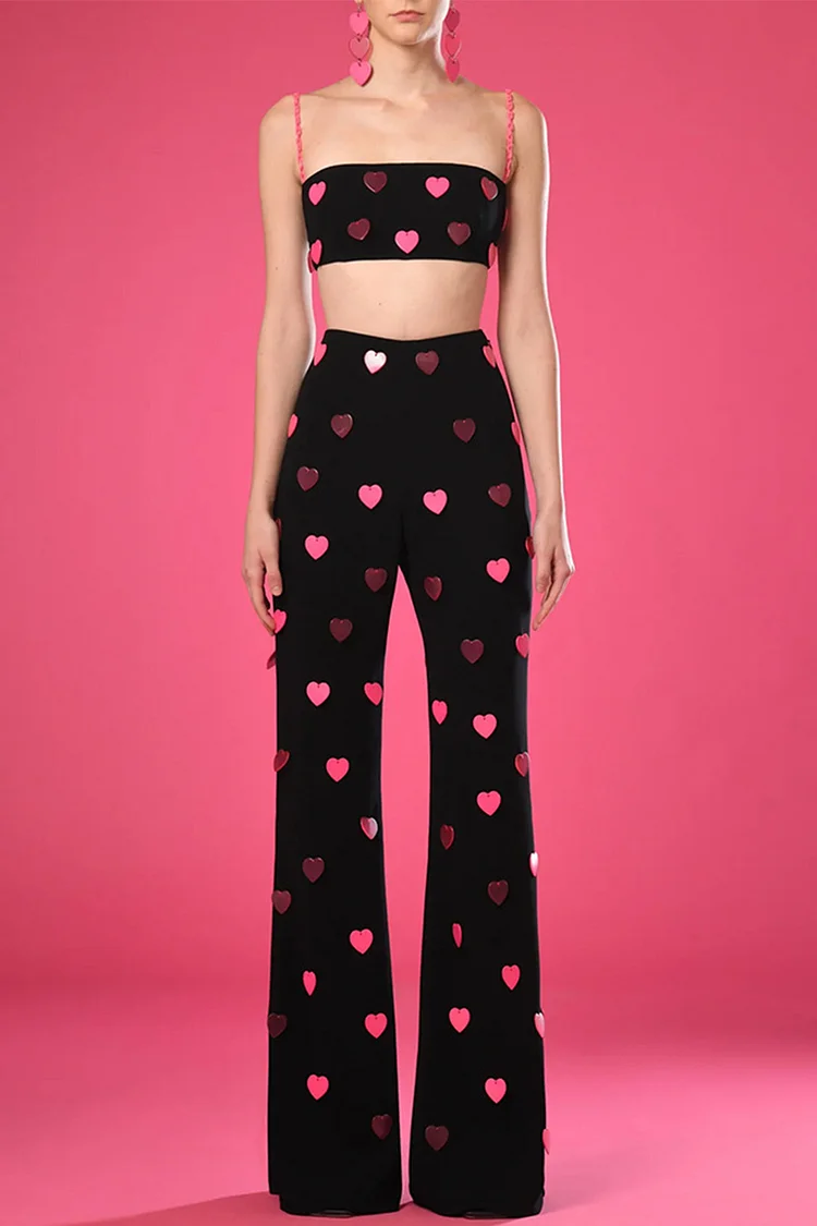 Heart Shaped Sequins Two Piece Pant Suit-Black