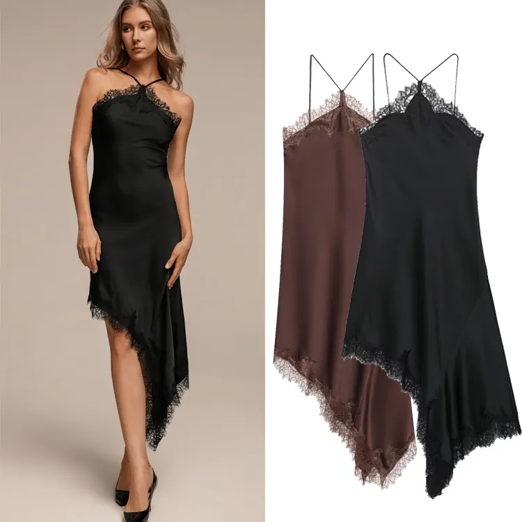 Solid Halter Cross Strap Lace Trim Open Back Irregular Midi Dress