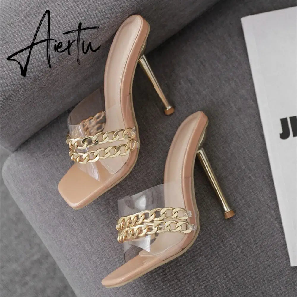 Aiertu Ins style Chains Transparent PVC Women Slippers Fashion Square toe stiletto High heels Mules Sandals Summer Female Slides Shoes Aiertu